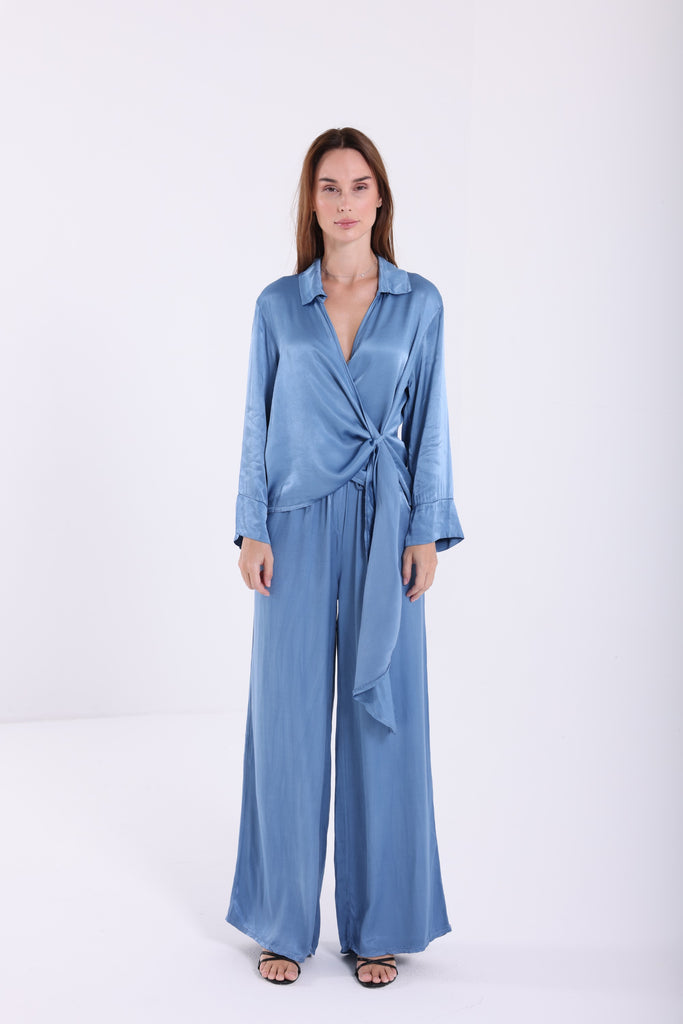 TWO PIECE SET- OVERSIZED SATIN SHIRT AND WIDE LEGS PANTS - AngelCode