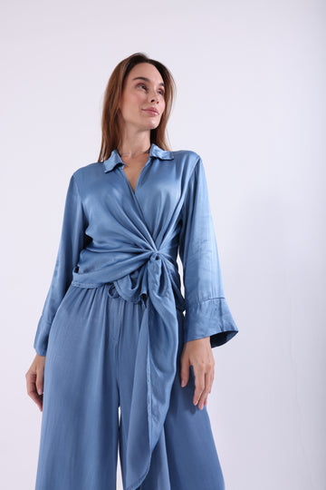 TWO PIECE SET- OVERSIZED SATIN SHIRT AND WIDE LEGS PANTS - AngelCode