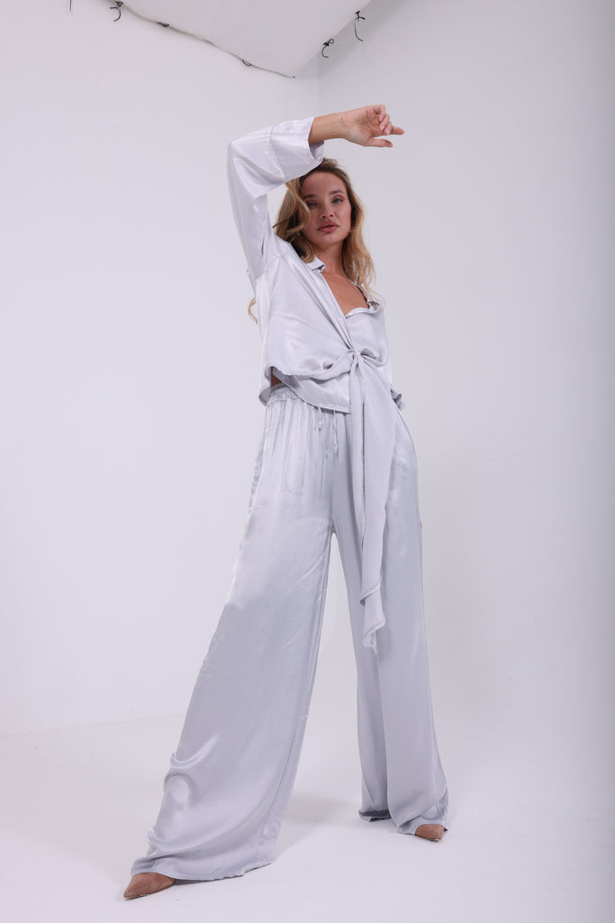 TWO PIECE SET- OVERSIZED SATIN SHIRT AND WIDE LEGS PANTS - AngelCode