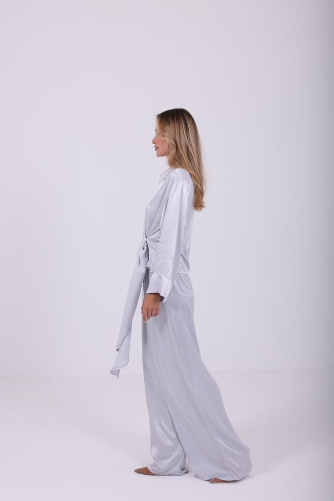 TWO PIECE SET- OVERSIZED SATIN SHIRT AND WIDE LEGS PANTS - AngelCode